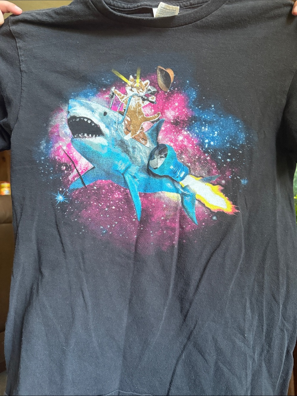 Black Graphic Kitten Riding Shark Rocket Tee